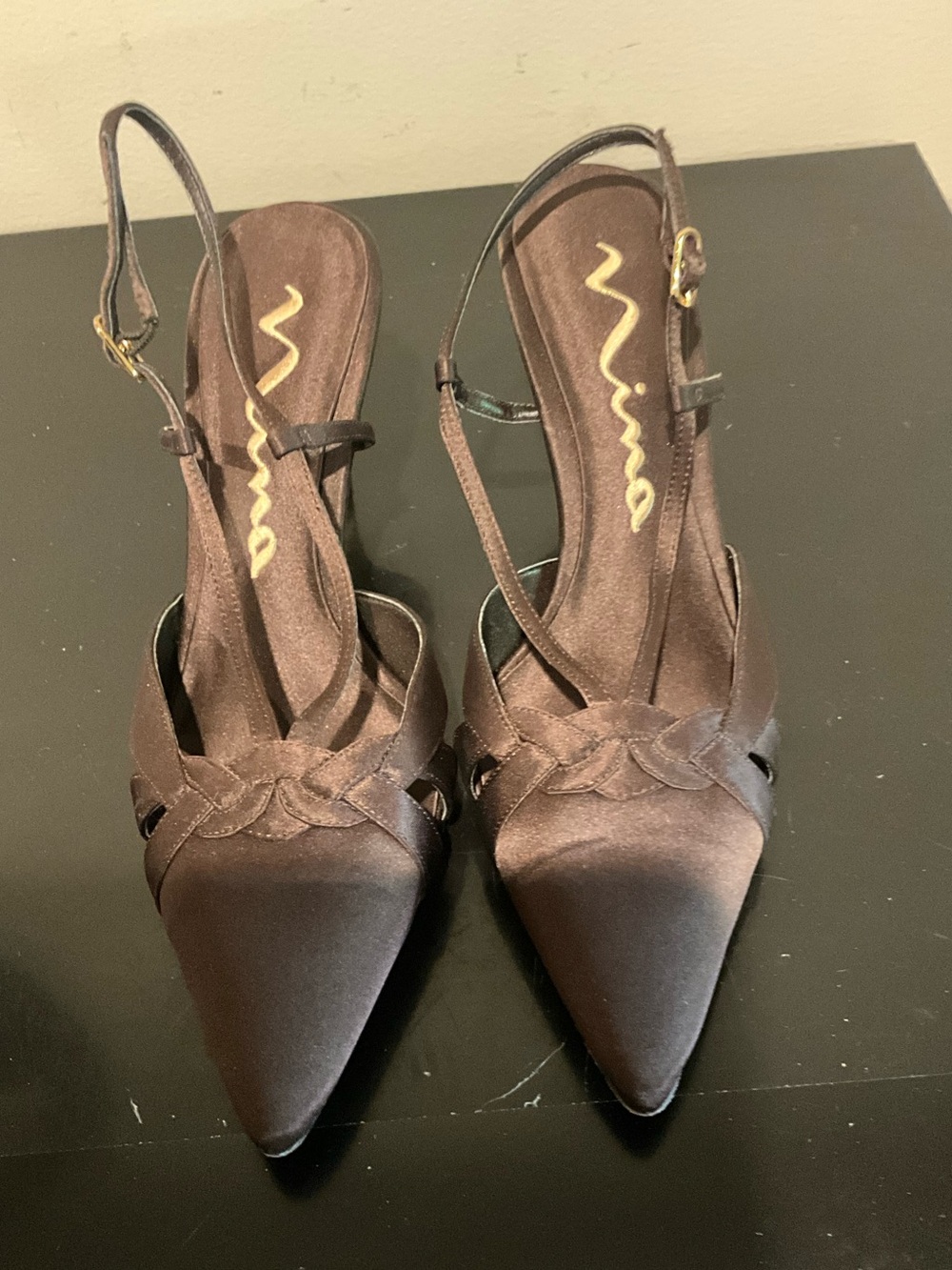 Nina Brown Satin Pointed-Toe Slingback Heels Size 10